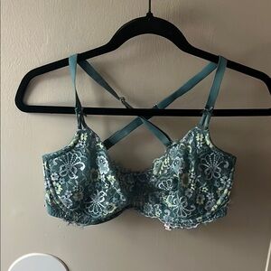 Victoria's Secret Blue and Yellow Lace Bra with Criss-Cross Straps